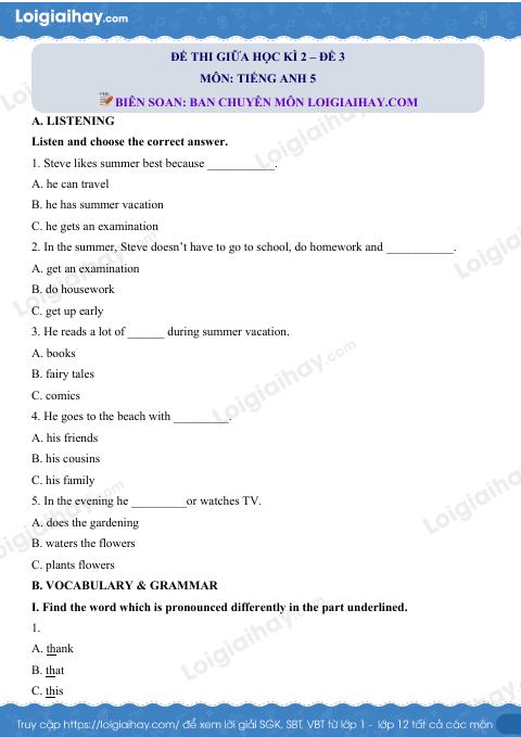 Đề thi giữa kì 2 Tiếng Anh 5 - Đề số 3